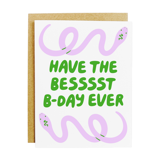 Snake-themed birthday card with 'Besssst Birthday Ever' reptile pun