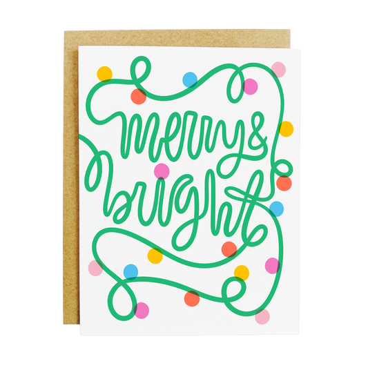 Christmas card with 'Merry and Bright' holiday lights theme
