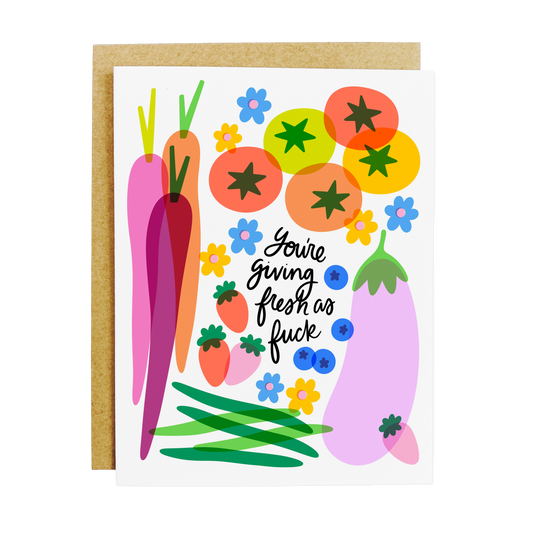 Food appreciation card with 'Fresh As Fuck' produce celebration tex