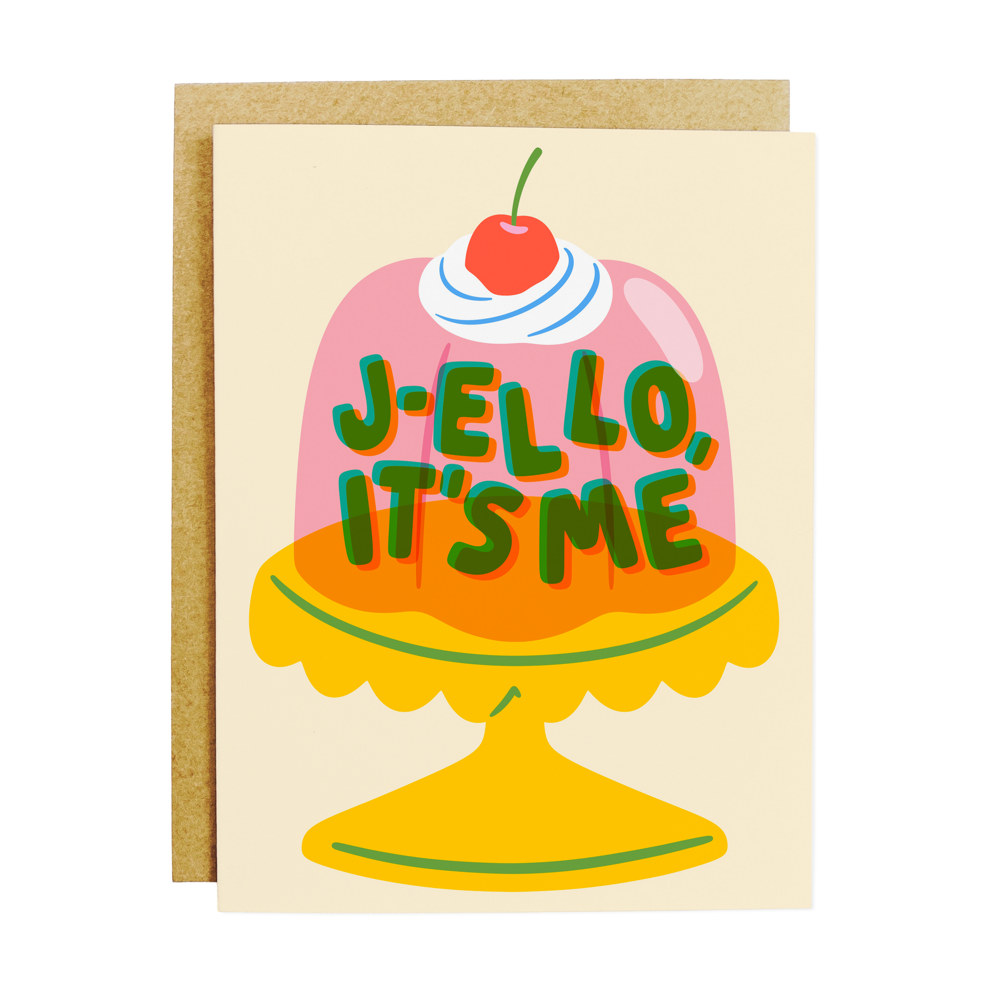 Food pun card with 'Jiggly J-ello It's Me' gelatin dessert theme