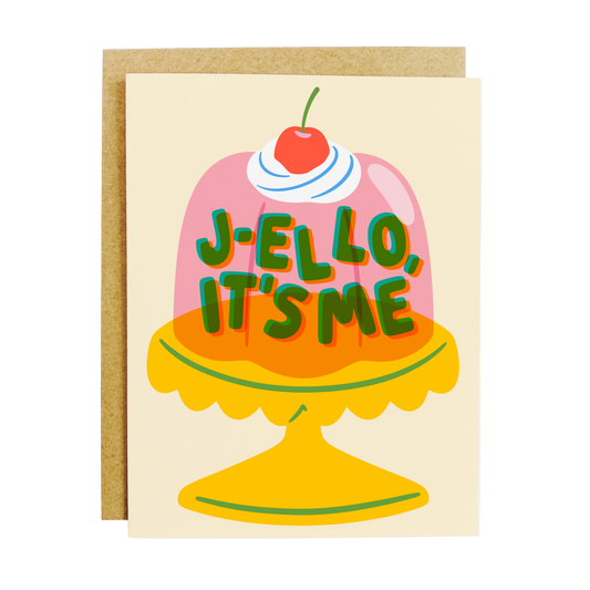 Food pun card with 'Jiggly J-ello It's Me' gelatin dessert theme