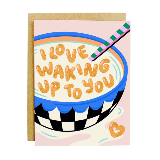 Romantic card with 'Love Waking Up To You' morning affection message