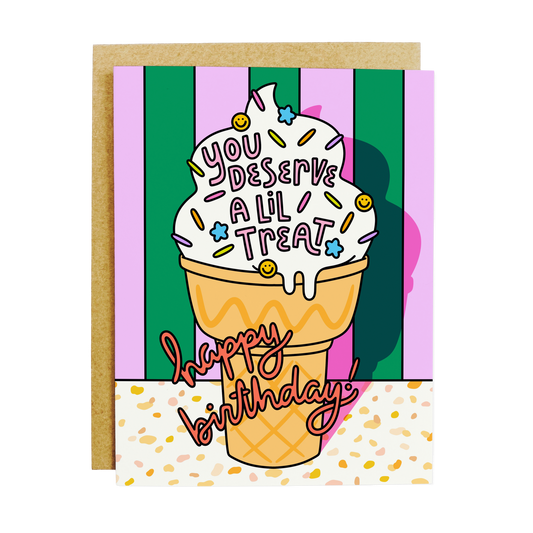 Sweet birthday card with 'Birthday Treat' dessert celebration theme