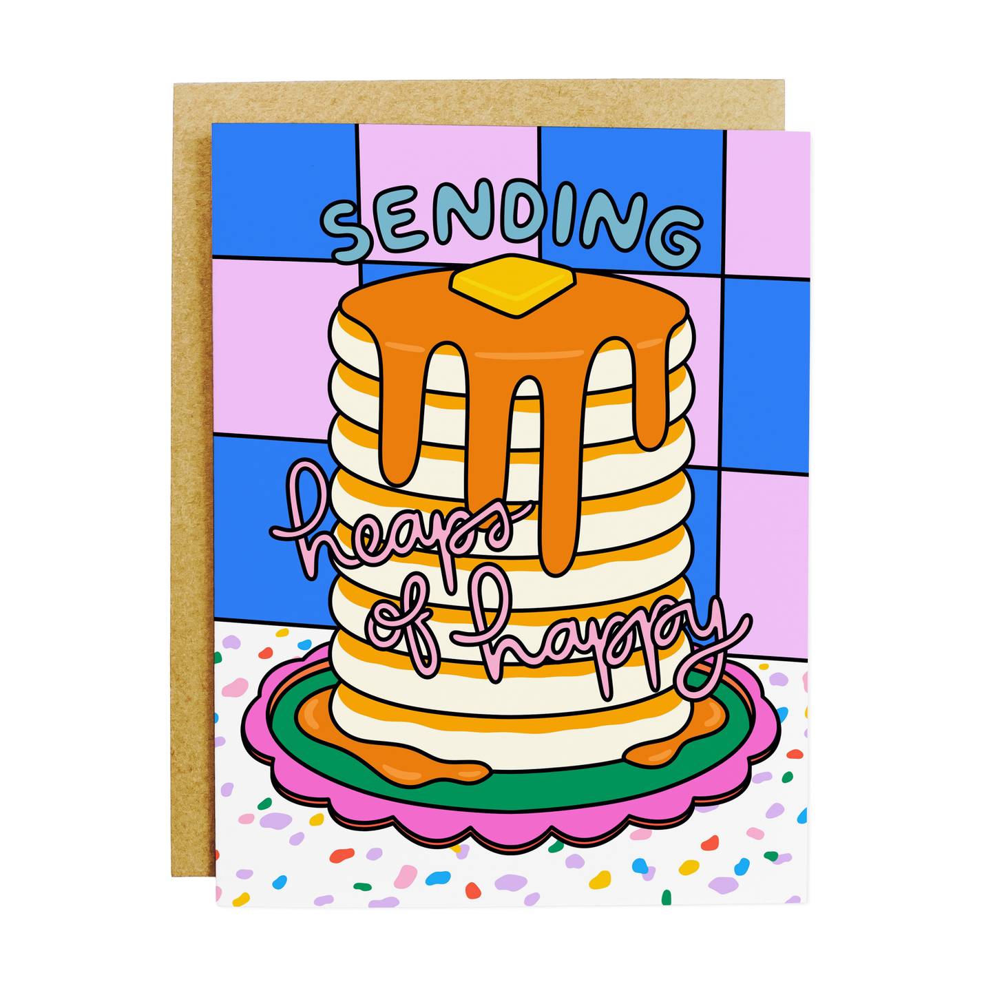 Pancake birthday card with 'Heaps of Happy' abundant celebration message