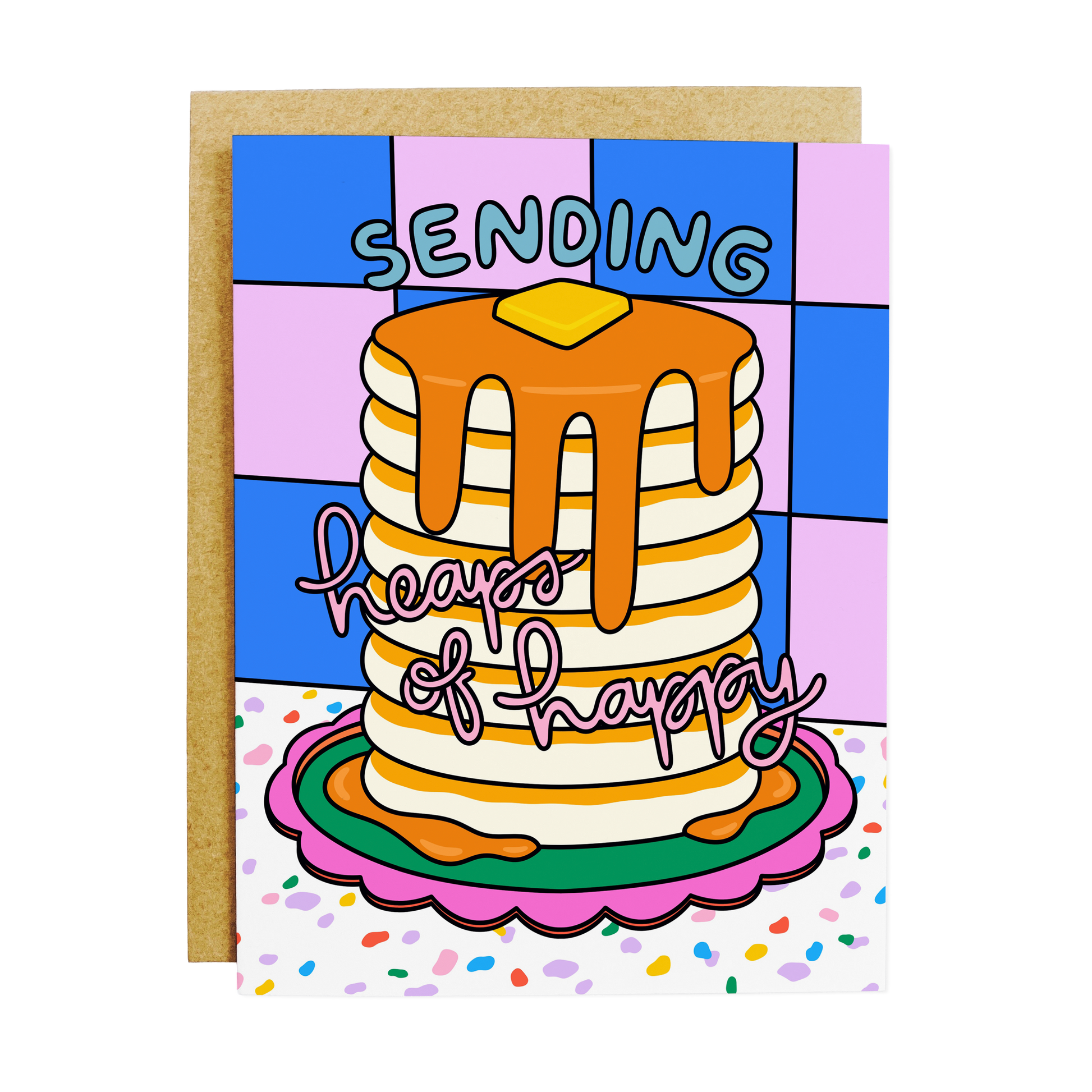 Pancake birthday card with 'Heaps of Happy' abundant celebration message