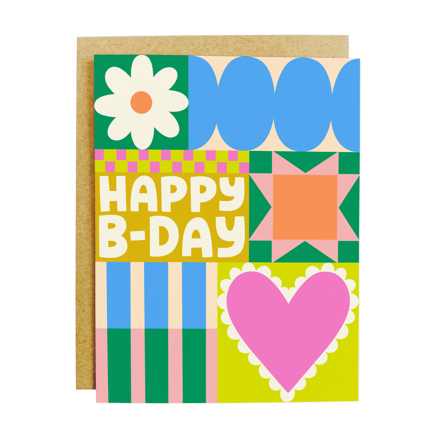 Birthday card with quilted pattern design and textile theme