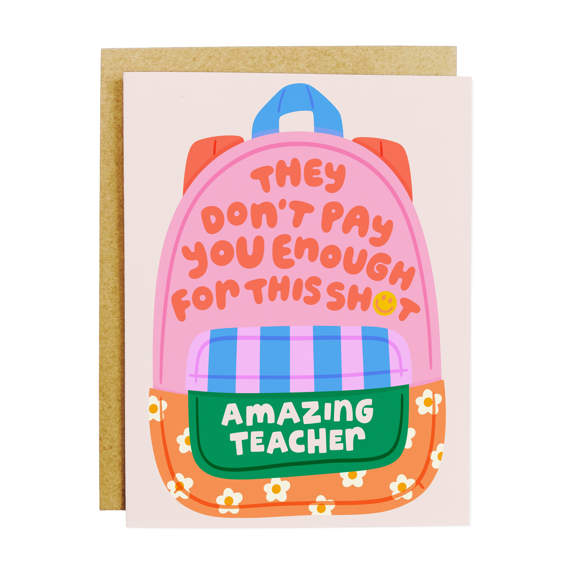 Teacher appreciation card with 'Amazing Teacher' backpack design