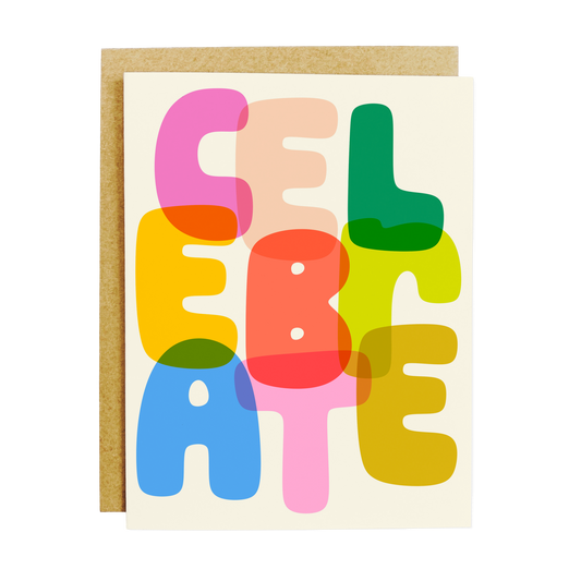 Colorful celebration card with rainbow design and 'Celebrate' message