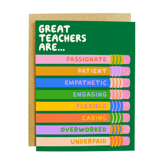 Teacher appreciation card highlighting 'Great Teacher Qualities