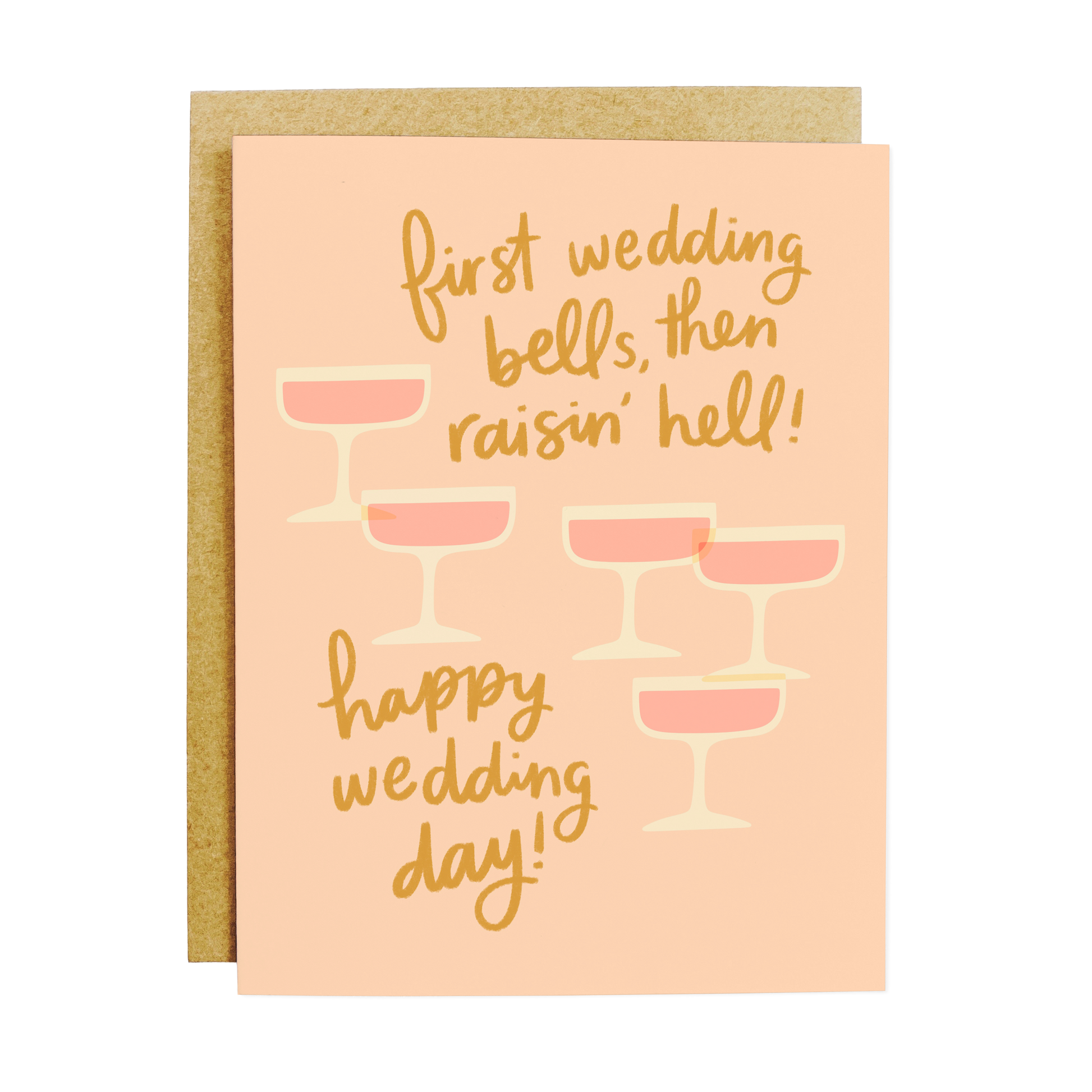 Humorous wedding card with 'First Wedding Bells Then Raising Hell' text in playful typography