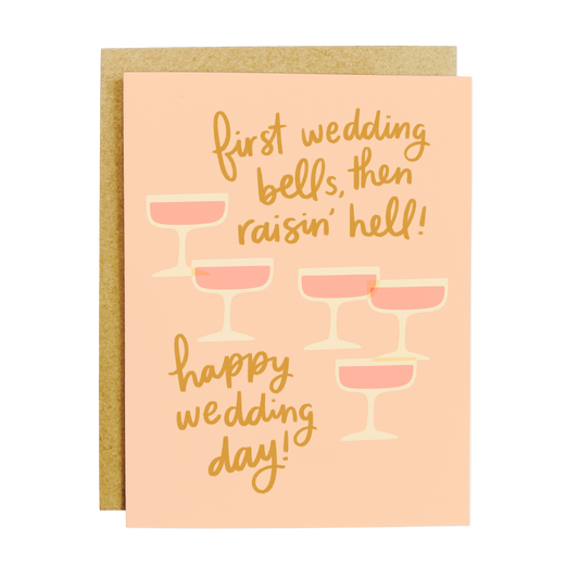 Humorous wedding card with 'First Wedding Bells Then Raising Hell' text in playful typography