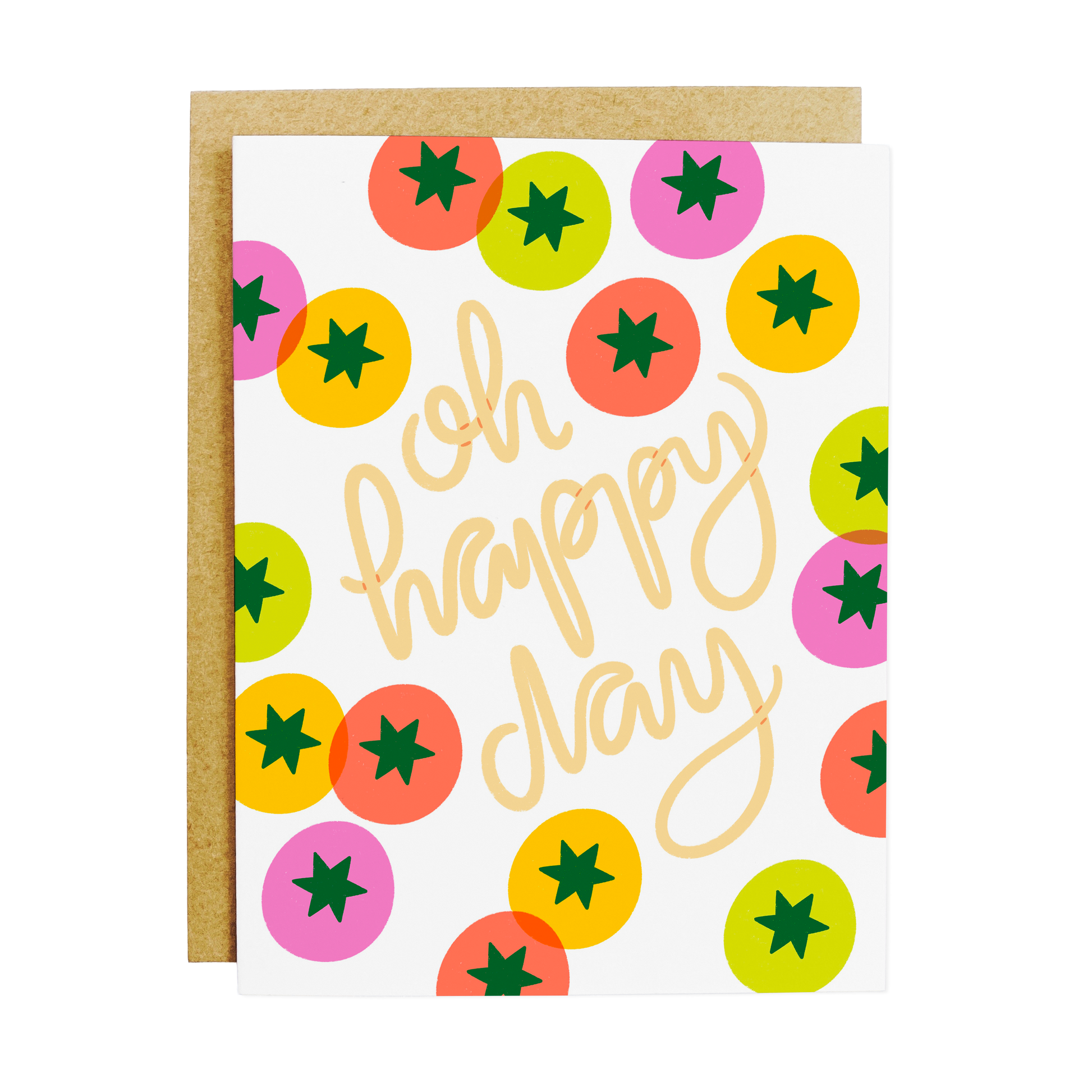 Cheerful greeting card with tomato illustrations and 'Oh Happy Day' text in bright, joyful lettering