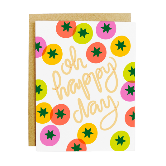 Cheerful greeting card with tomato illustrations and 'Oh Happy Day' text in bright, joyful lettering