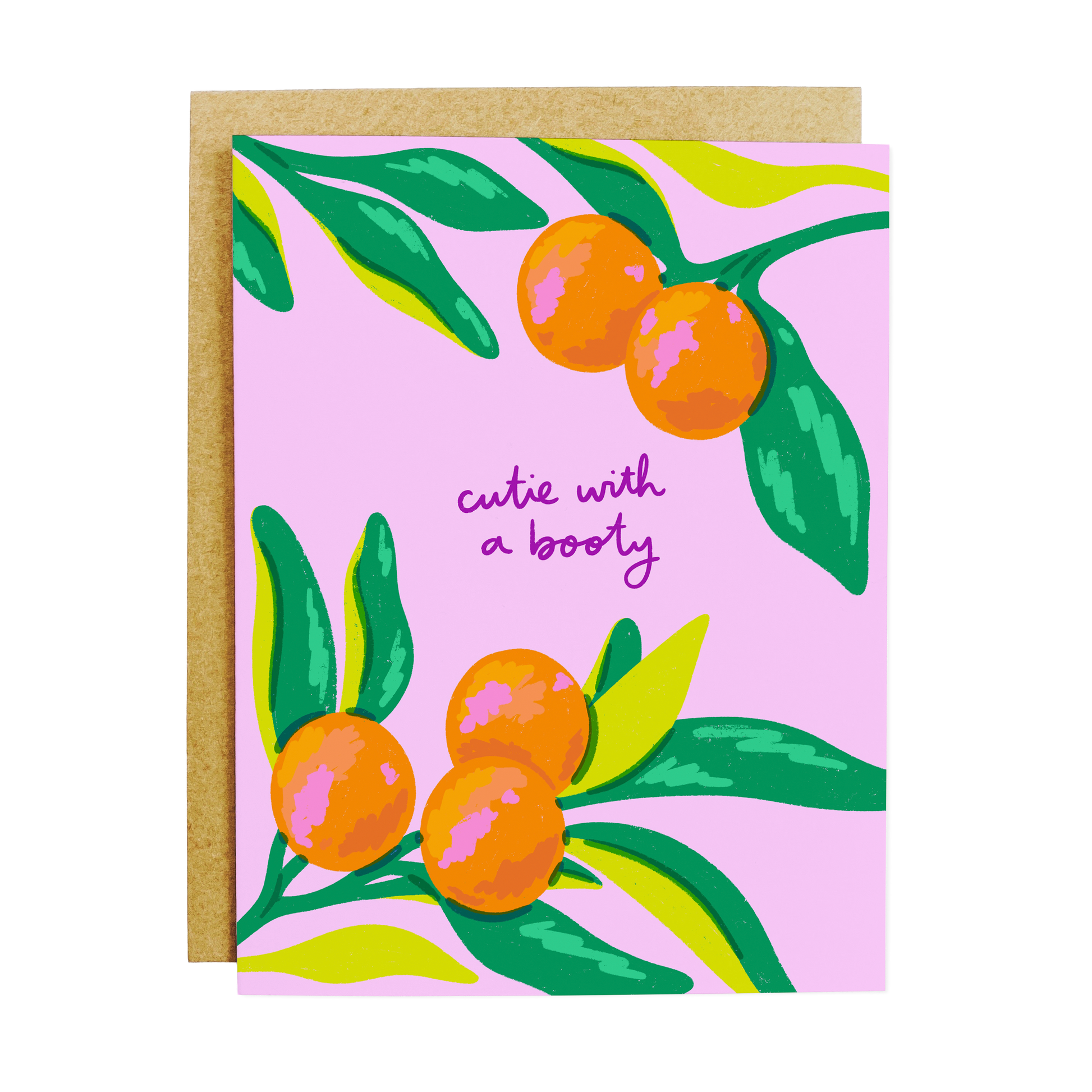 Playful greeting card with orange illustrations and 'Cutie With a Booty' text in fun typography