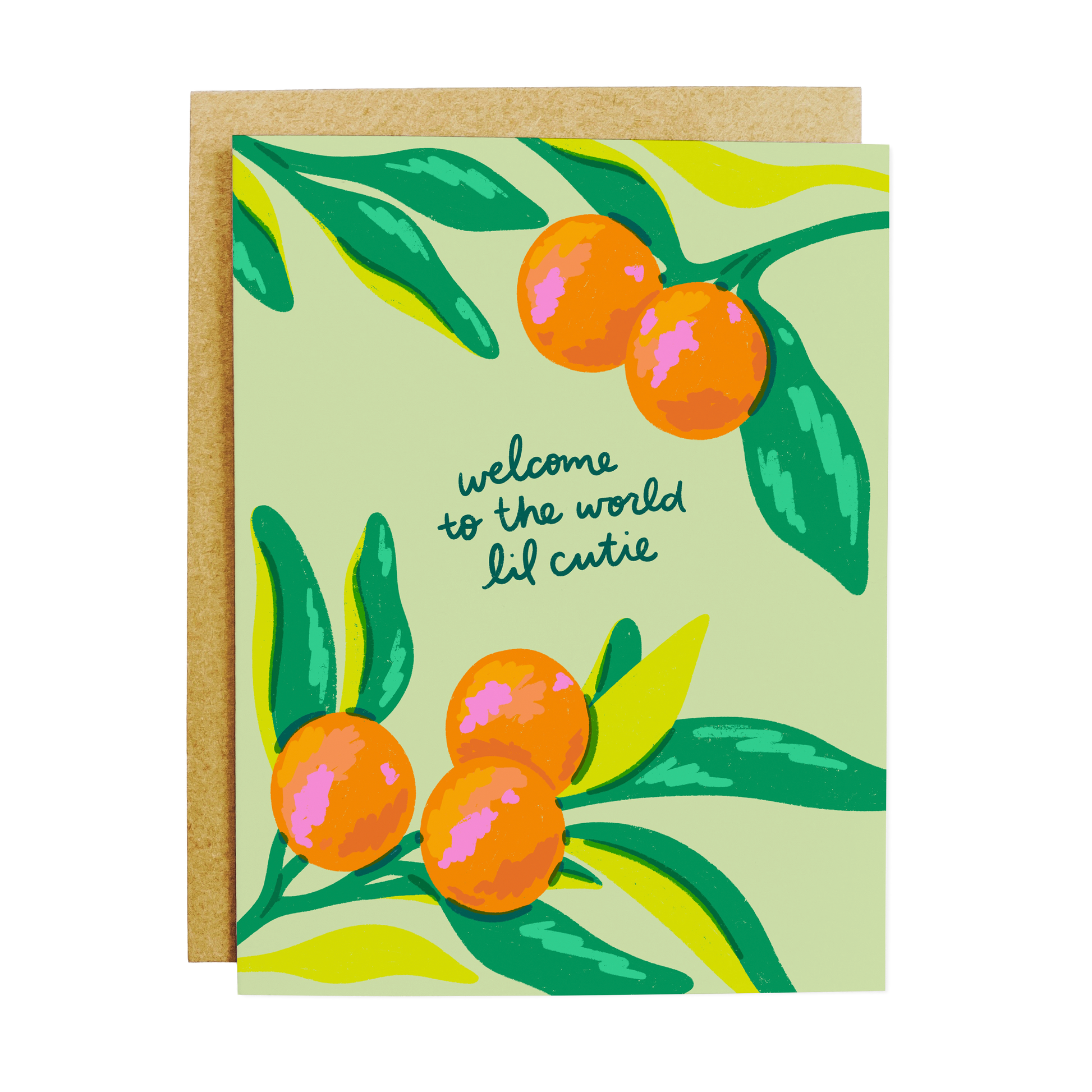Baby shower greeting card with cute orange illustrations and 'Welcome Lil Cutie' text in playful lettering