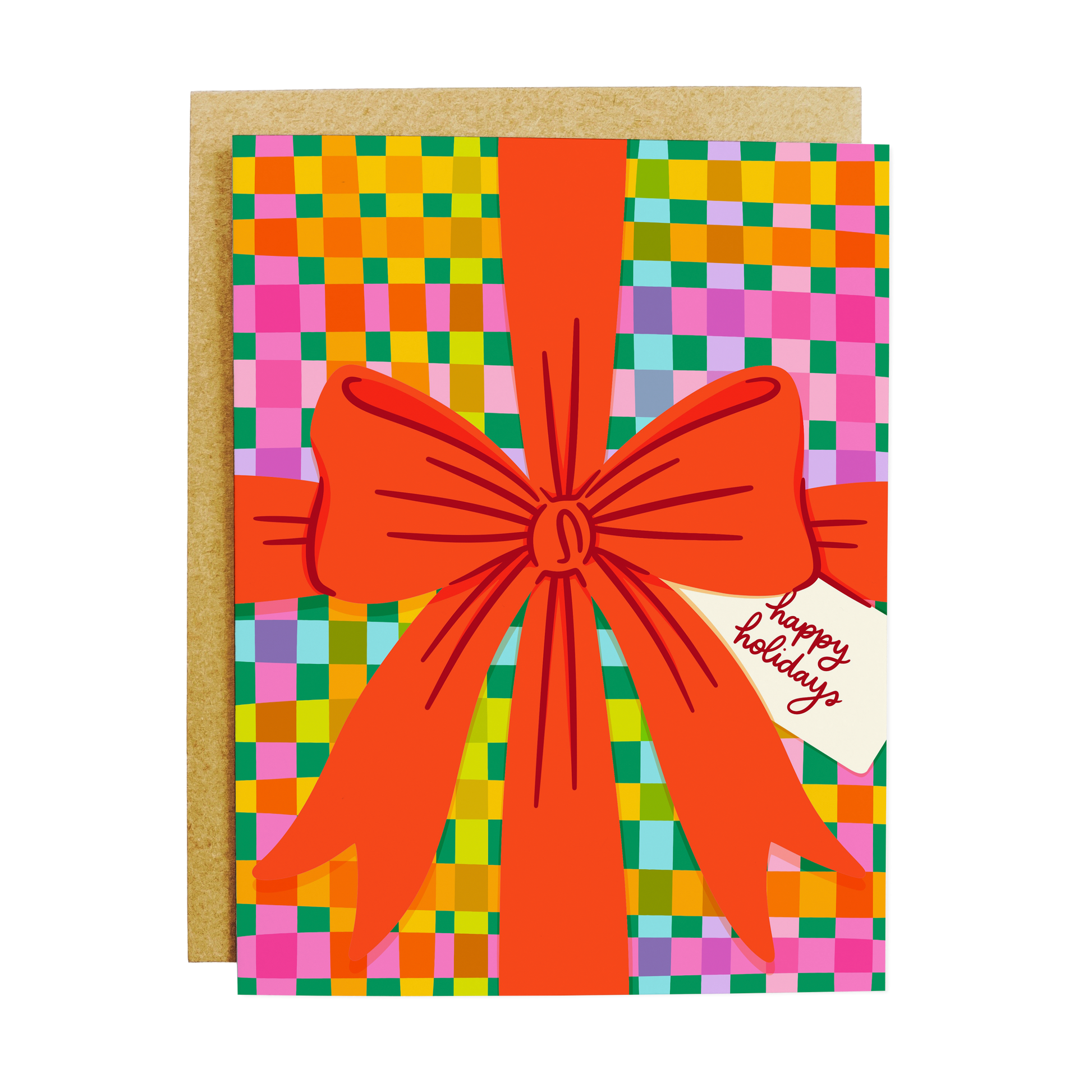 Holiday greeting card with festive gift bow design and 'Happy Holidays' text in cheerful typography