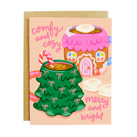 Cocoa Comfy Cozy Merry Bright Card - Christmas Cocoa Mugs Holiday Card