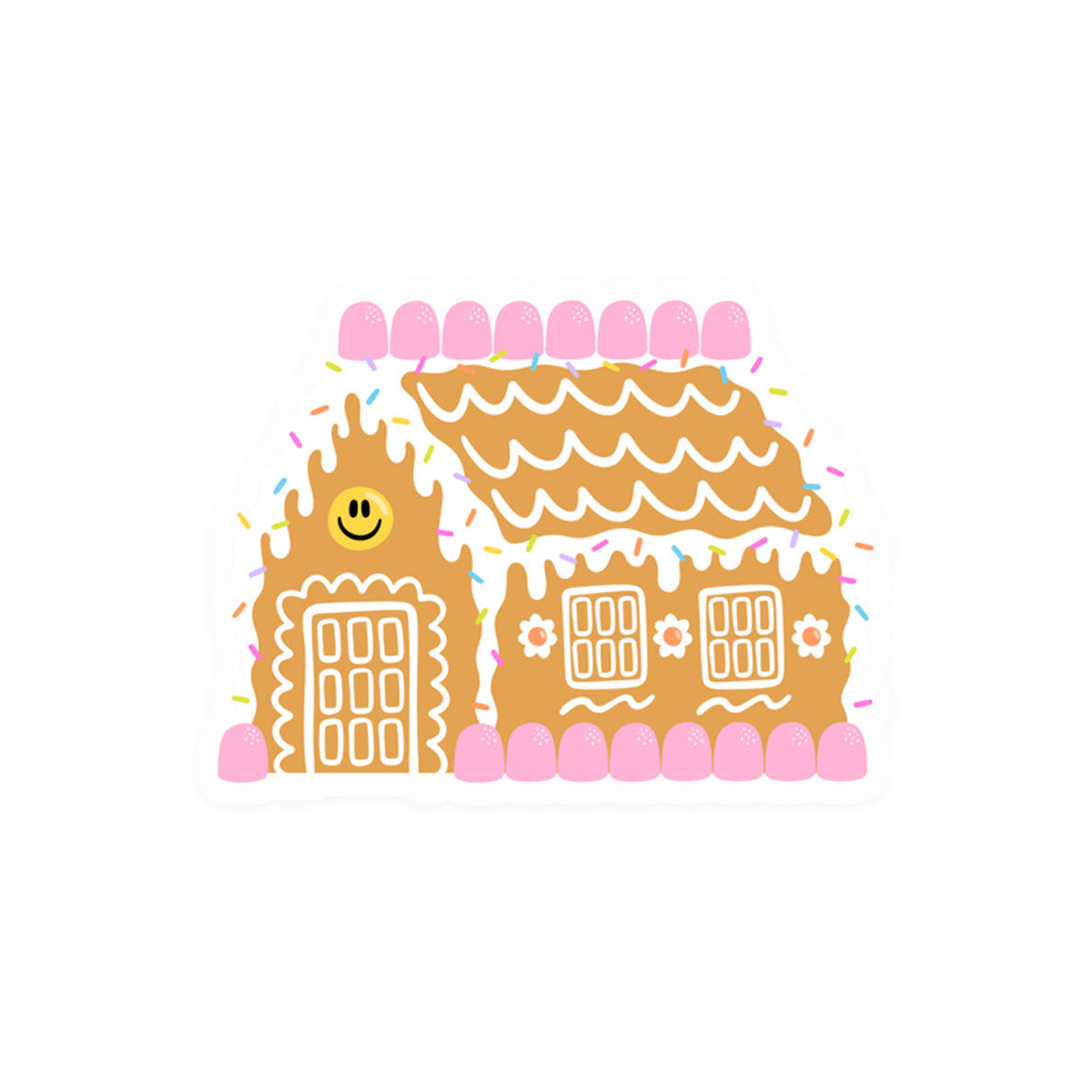 Holiday sticker with smiling gingerbread house festive design