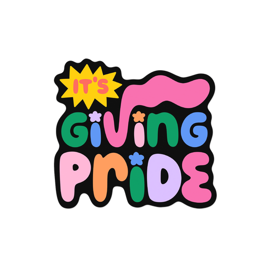 LGBTQ+ pride sticker with 'It's Giving Pride' celebration text