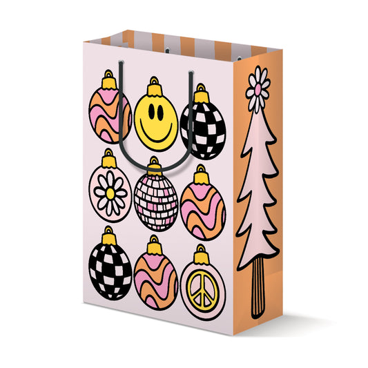 Holiday gift bag with retro groovy ornament design