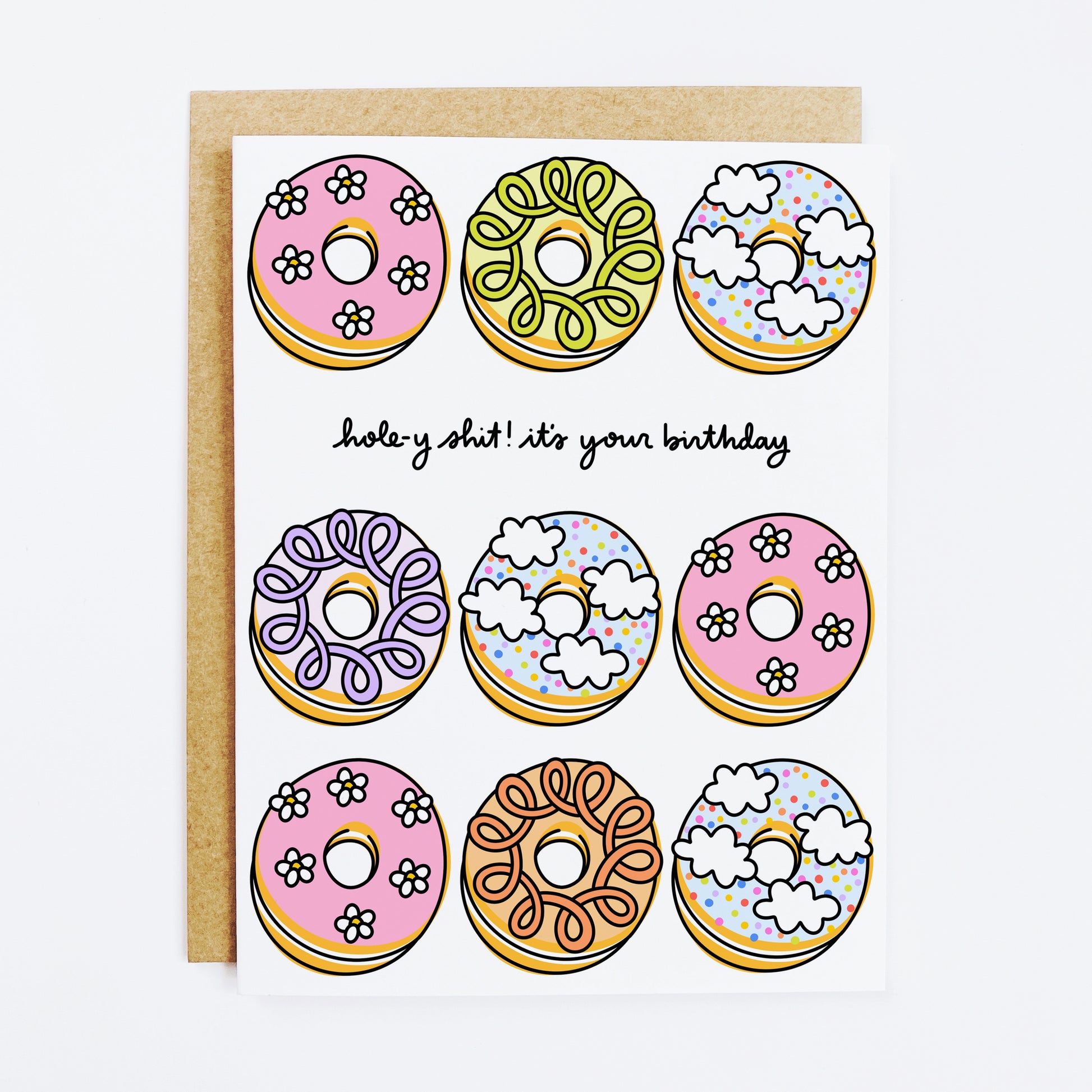 Donut pun birthday card with 'Hole-y Shit' and pastry illustration