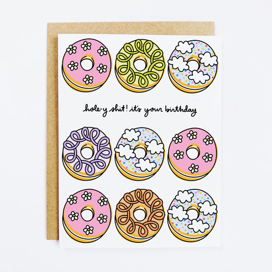 Donut pun birthday card with 'Hole-y Shit' and pastry illustration