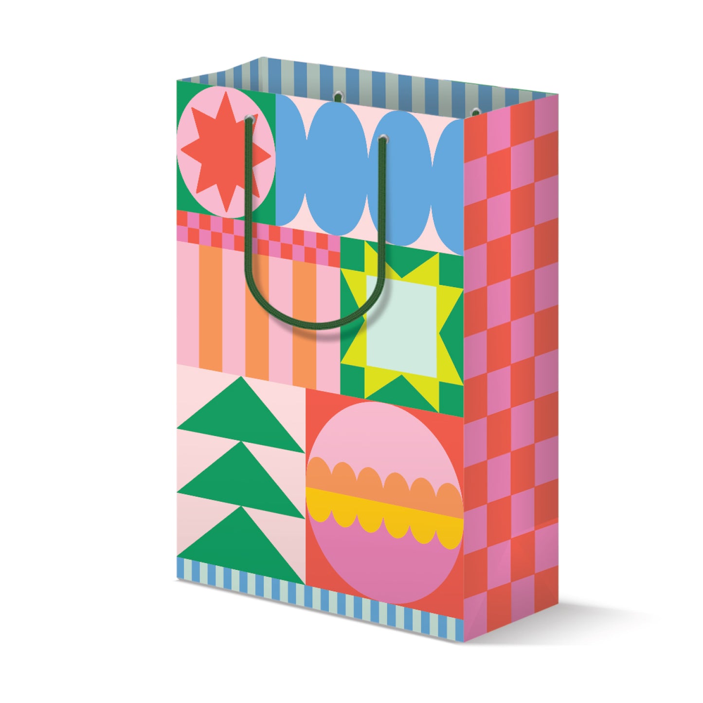 Festive gift bag with holiday quilt pattern and seasonal design