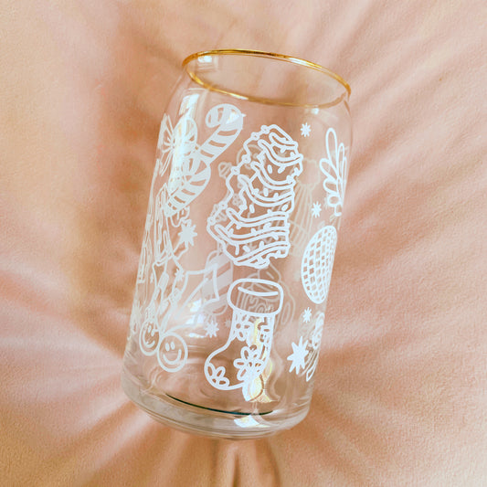 Holiday can-shaped glass with 'Holly Jolly' festive text