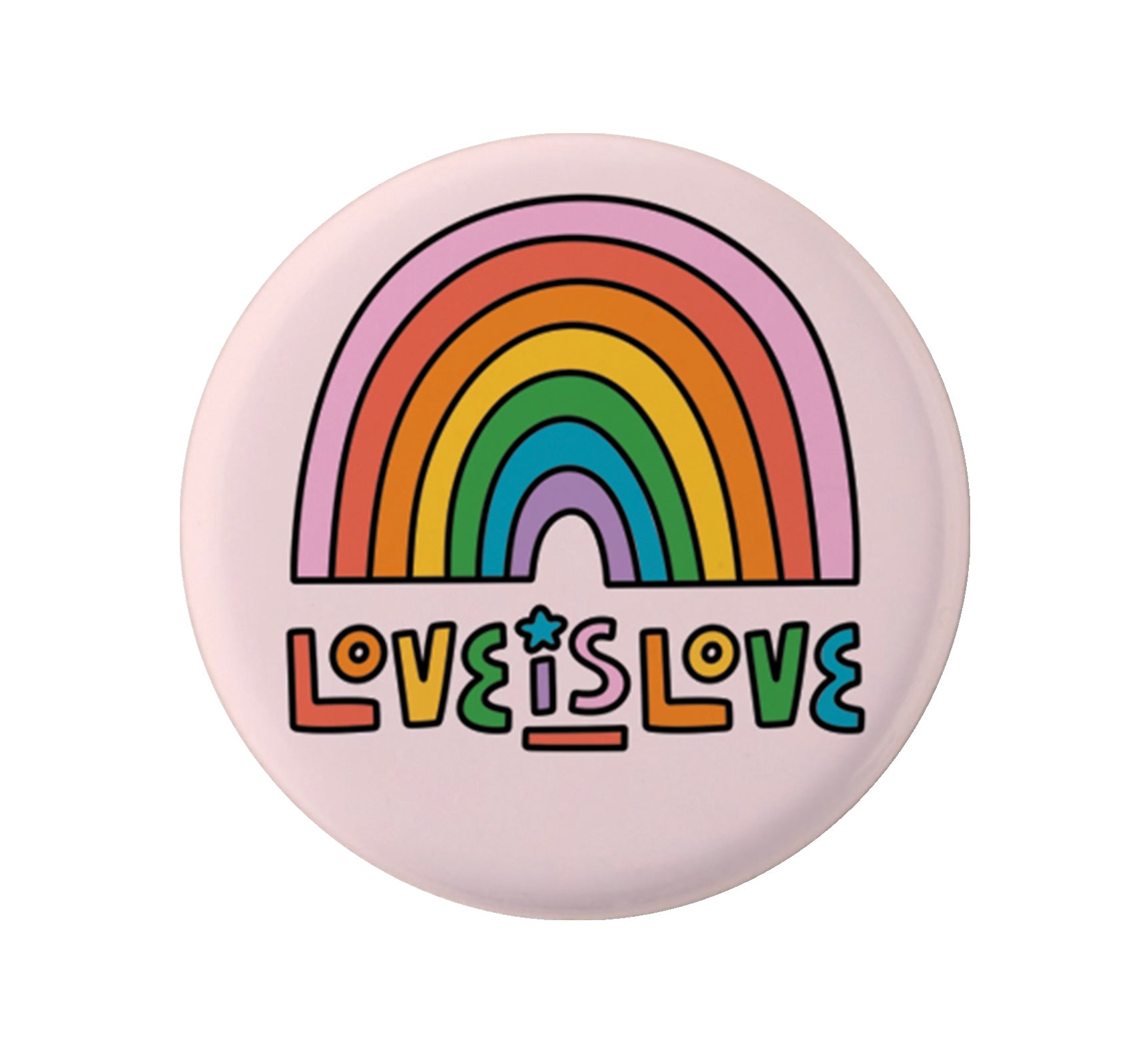 LGBTQ+ pride pinback button with 'Love Is Love' equality message