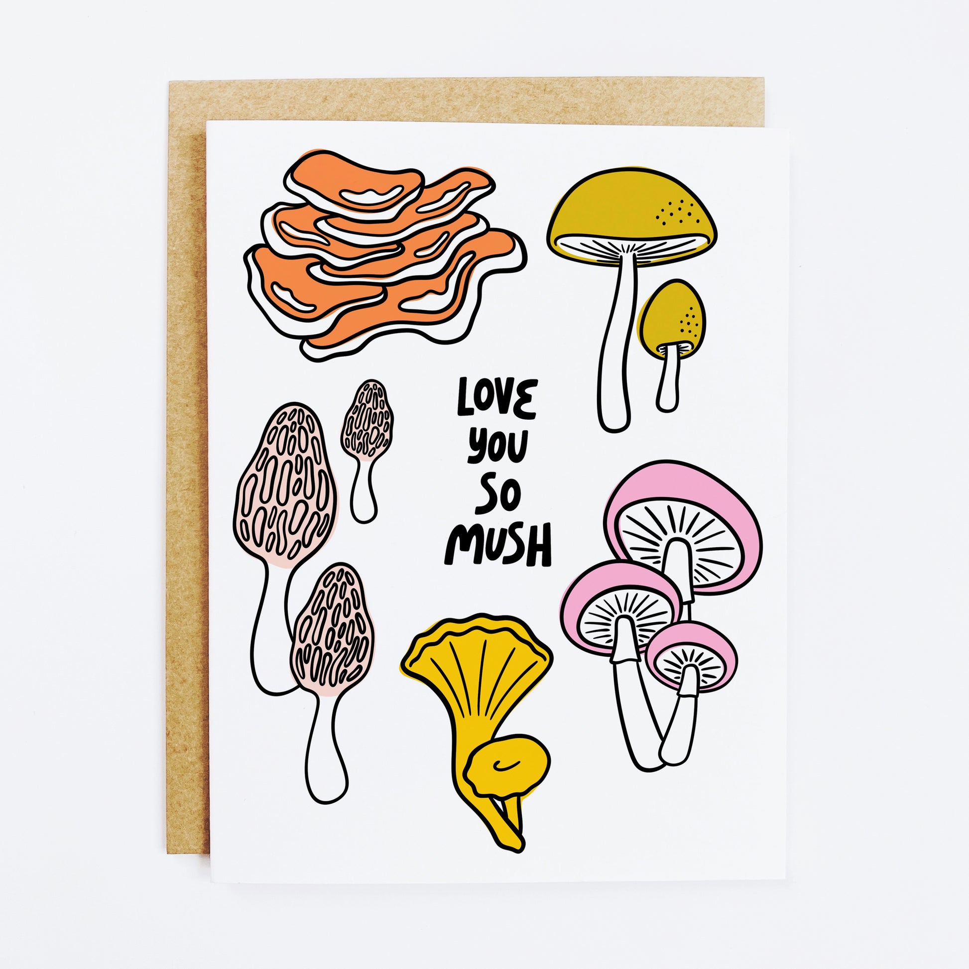Mushroom pun love card with 'Love You So Mush' and fungi illustration