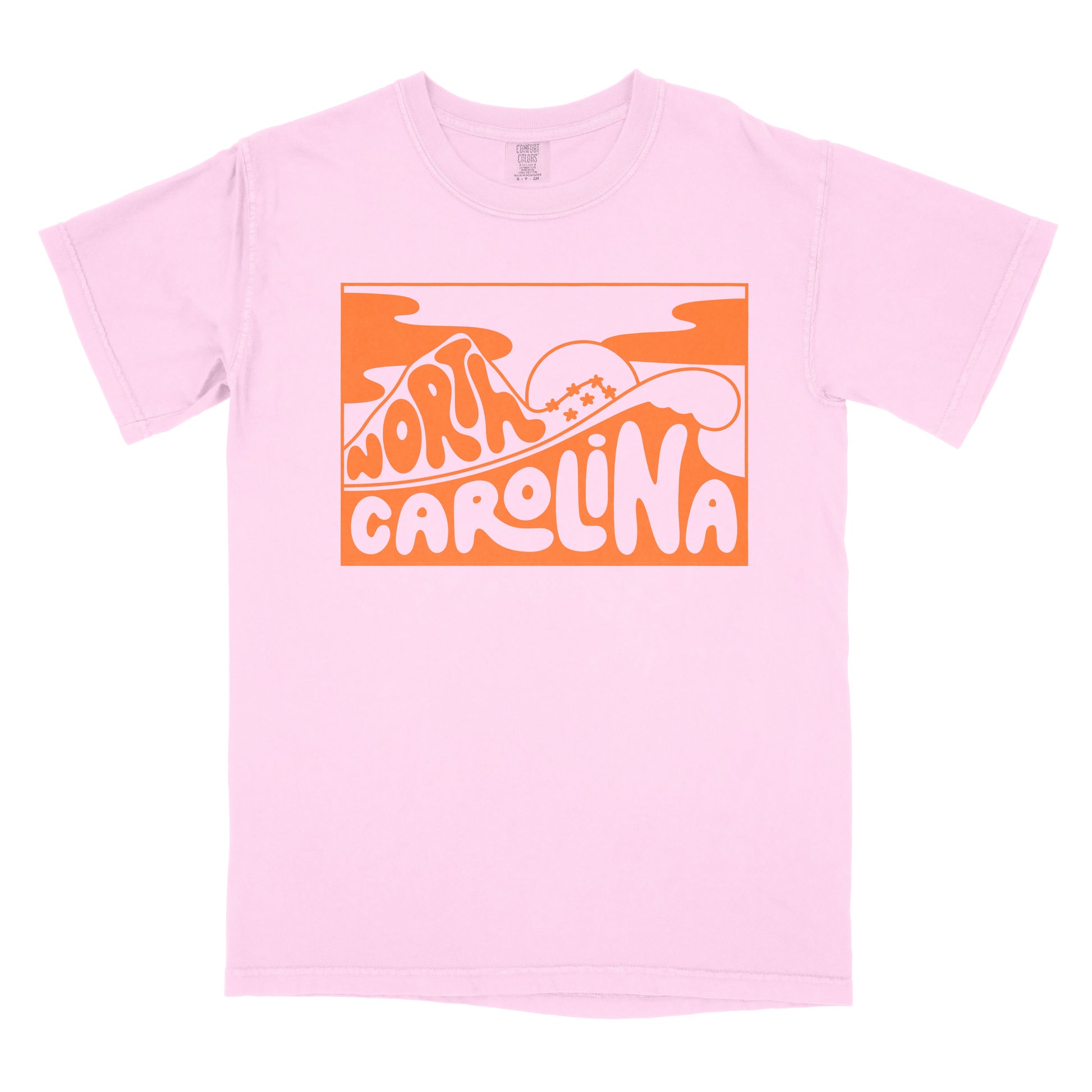 North Carolina themed t-shirt in pink with mountains to sea design
