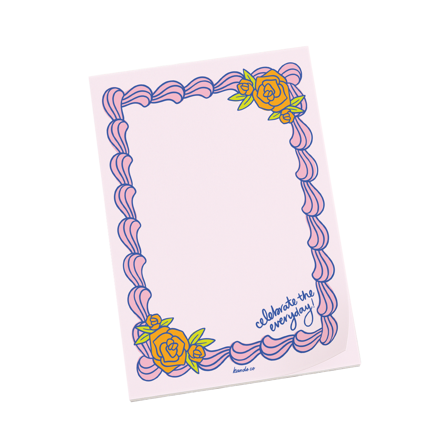 Notepad with decorative cake border and floral elements on a white background