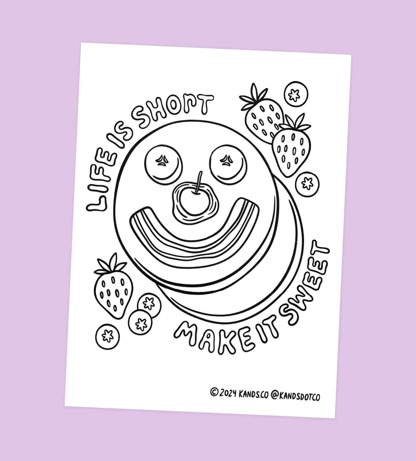 Pancake-themed coloring page with 'Sweet Life' breakfast design