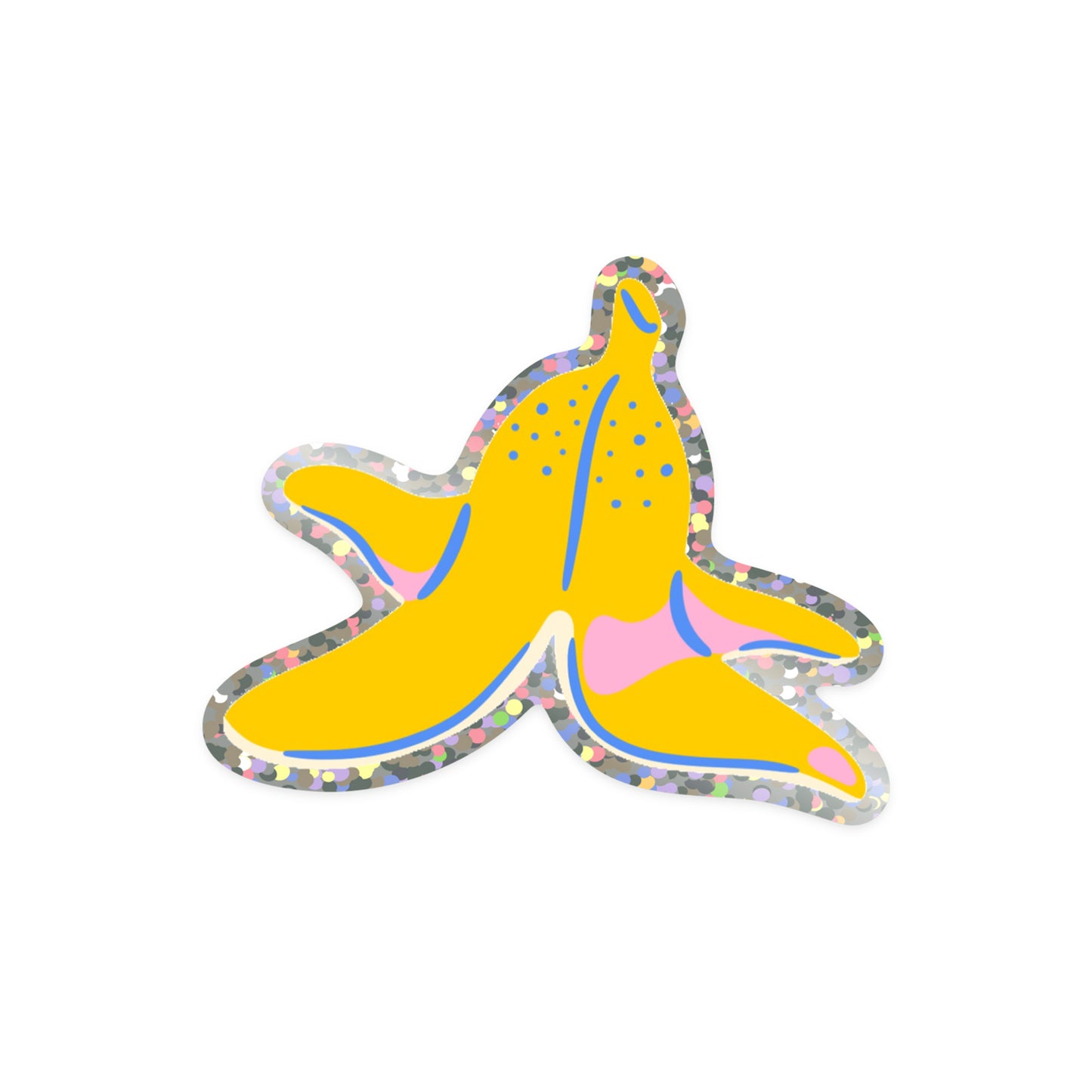 Sparkly banana sticker with 'Peeling Good' fruit pun text