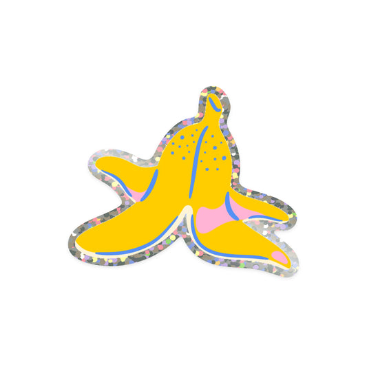 Sparkly banana sticker with 'Peeling Good' fruit pun text