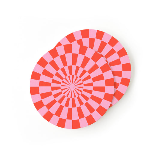 Set of coasters with pink and red circle checkered pattern design
