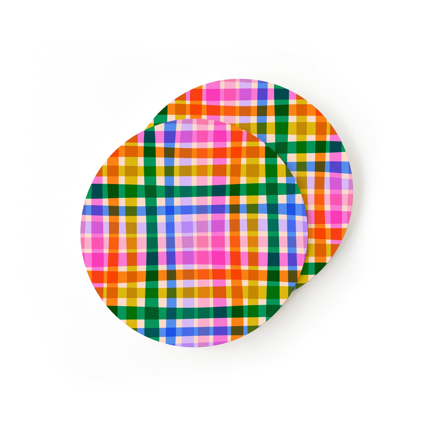 Vibrant coasters featuring rainbow plaid tartan pattern