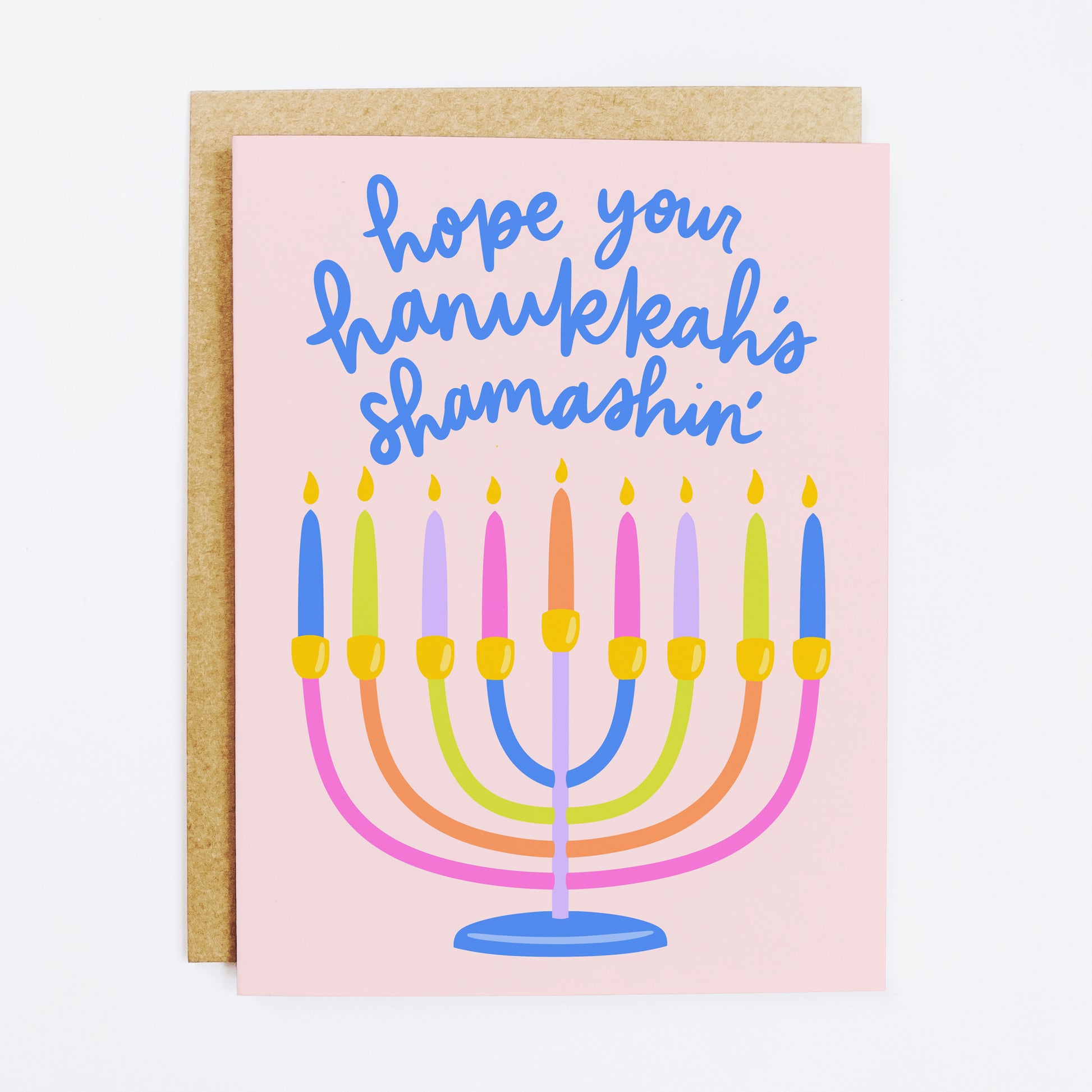Jewish holiday card with 'Shamashin' Hanukkah pun and menorah theme