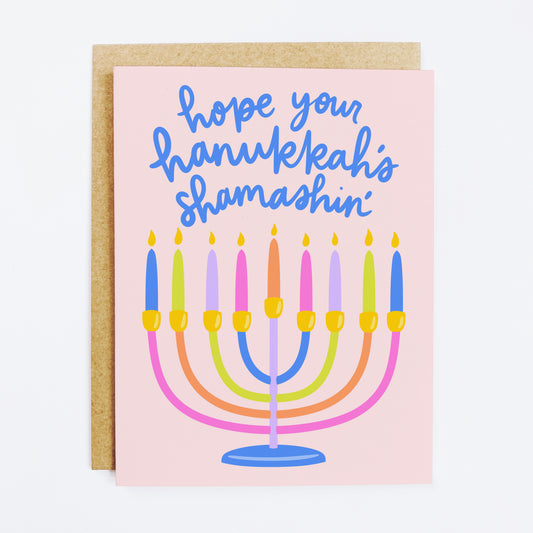 Jewish holiday card with 'Shamashin' Hanukkah pun and menorah theme