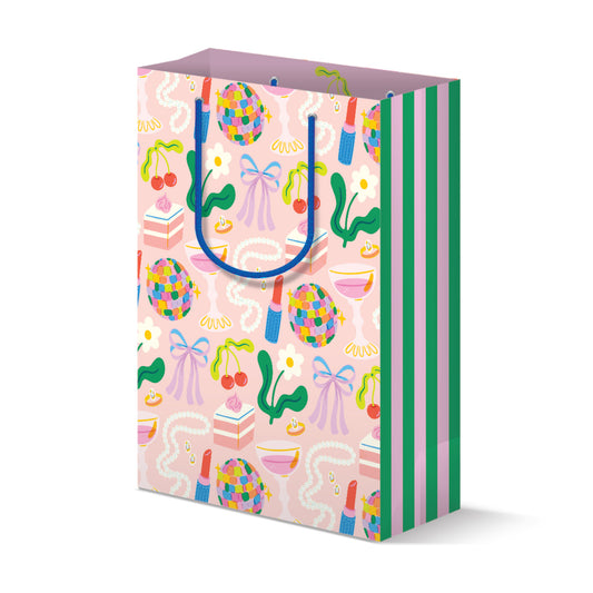 Pink feminine gift bag with girly design and playful aesthetic