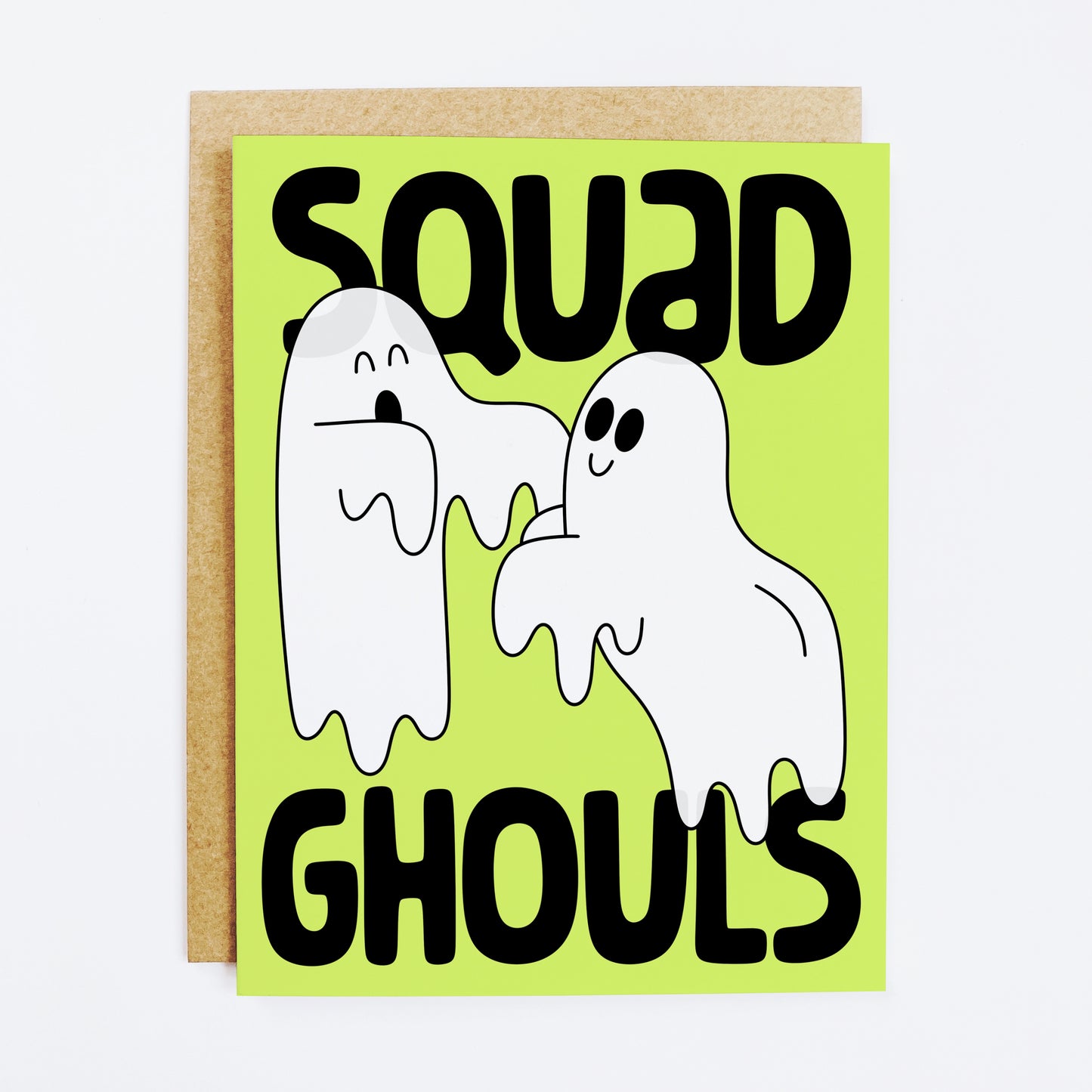 Halloween friendship card with 'Squad Ghouls' text and ghost illustrations