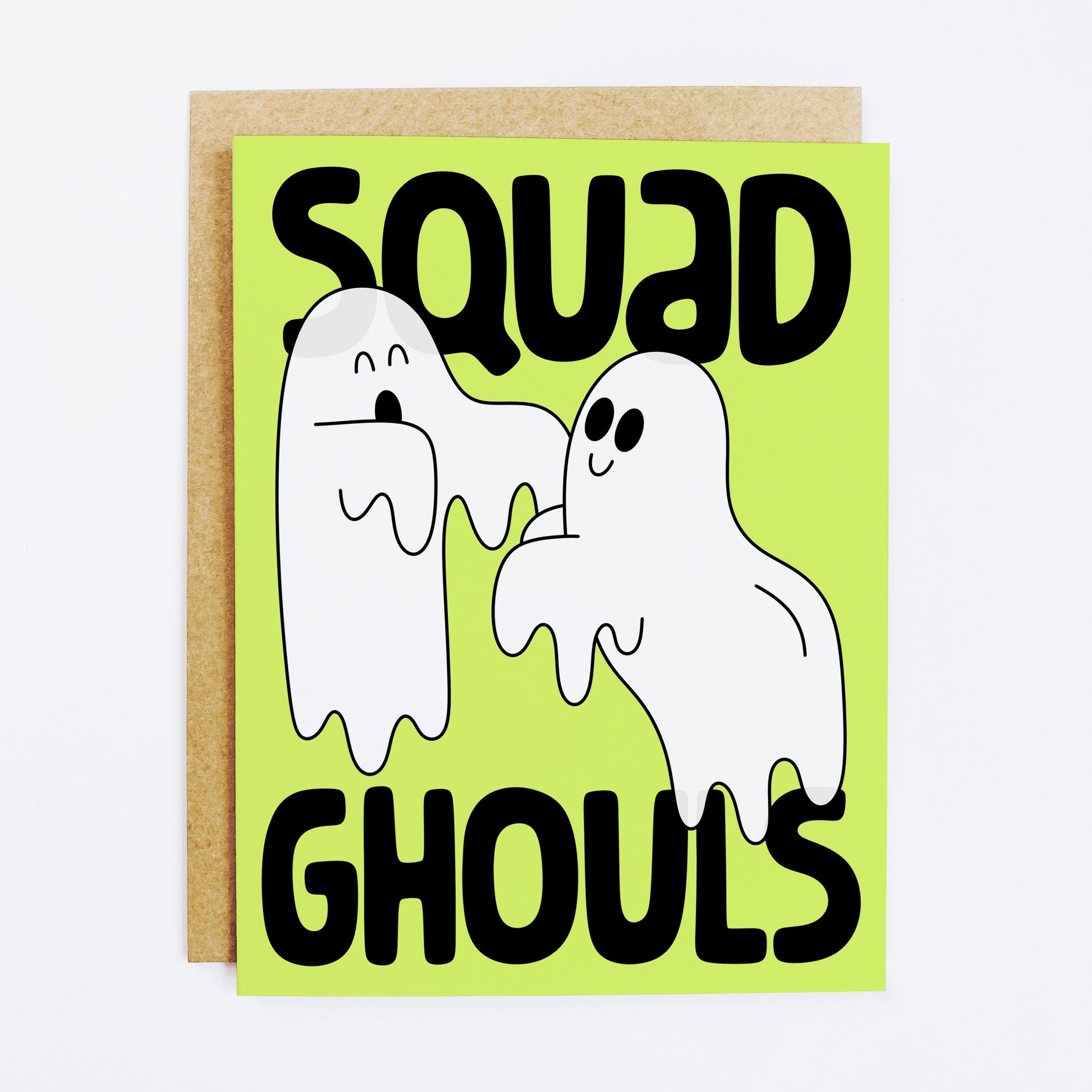 Halloween friendship card with 'Squad Ghouls' text and ghost illustrations