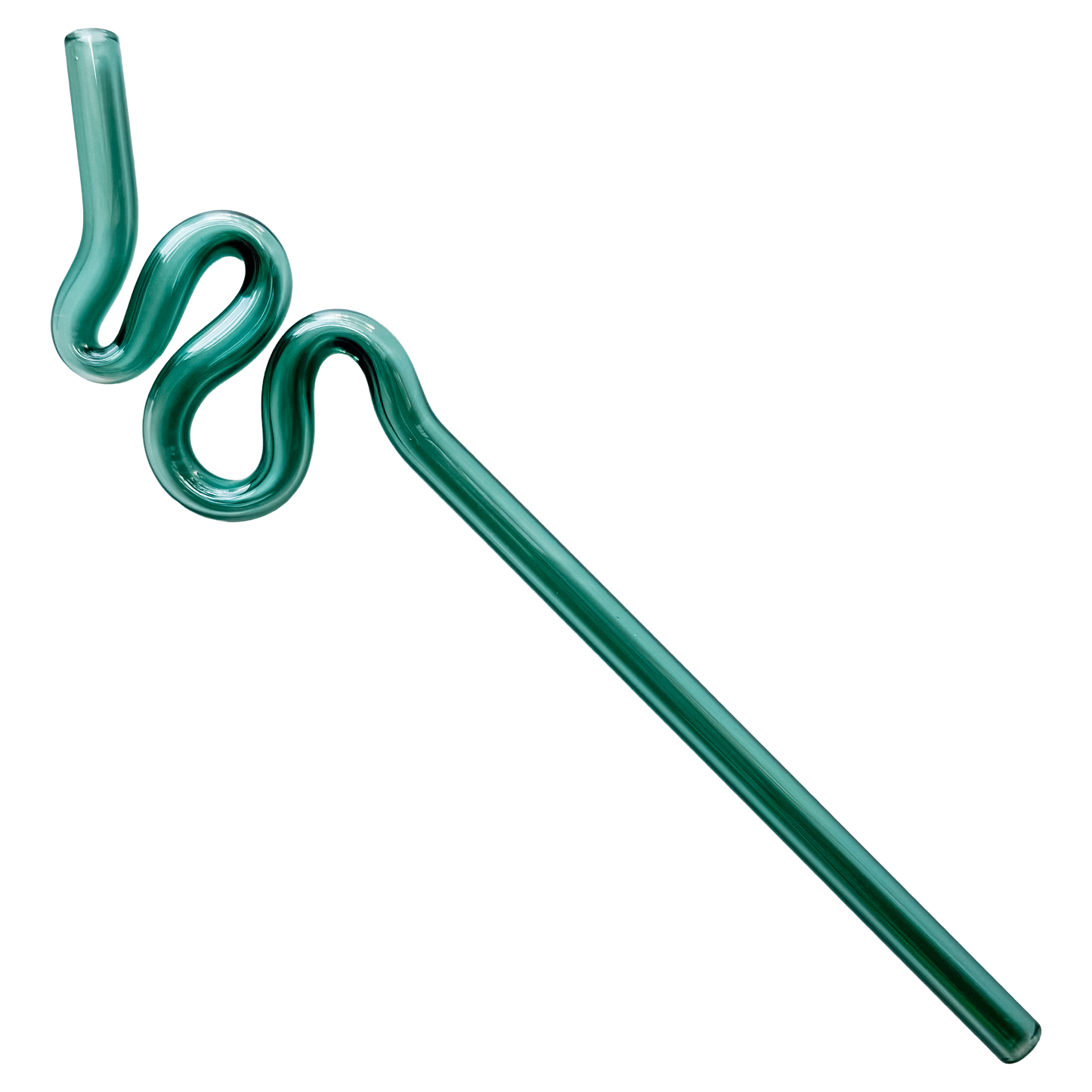 Vibrant teal glass silly straw with entertaining curved design
