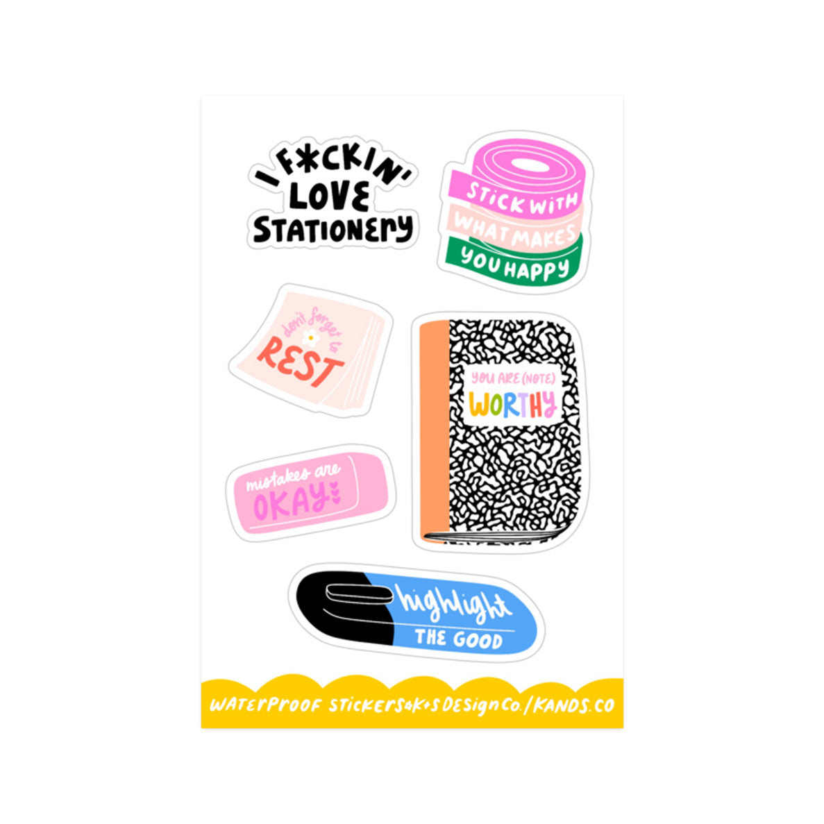 Office supplies sticker sheet with cute stationery item designs