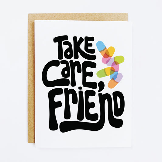 Caring friendship card with 'Take Care Friend' supportive message