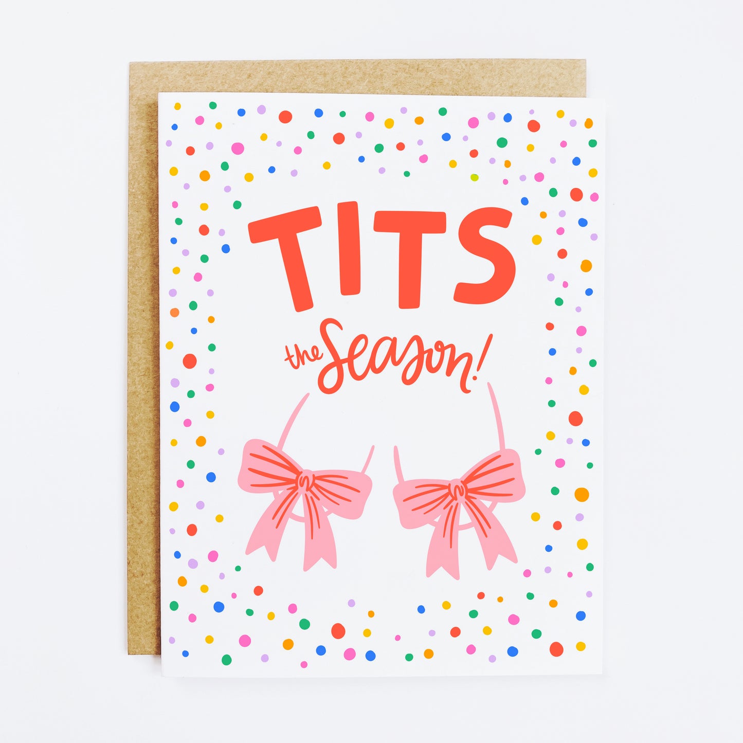 Adult humor holiday card with 'Tits the Season' cheeky Christmas pun