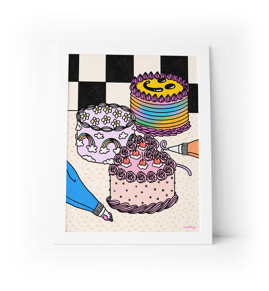 Sweet dessert art print featuring colorful cakes illustration