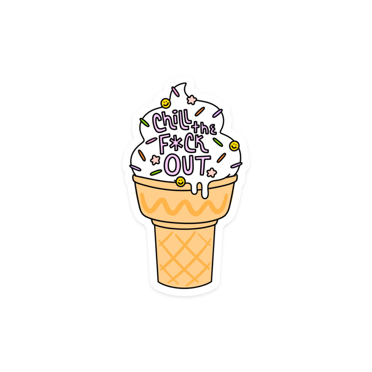 Humorous stress relief sticker with 'Chill the F*ck Out' text on ice cream