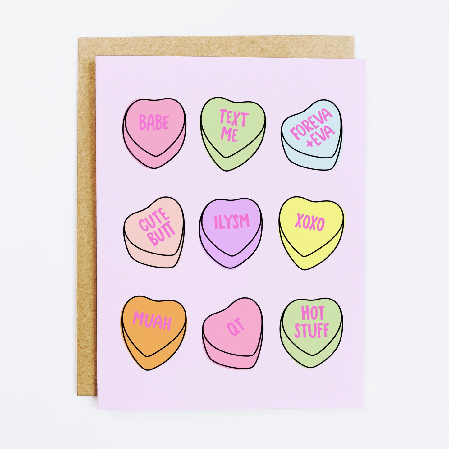 Valentine's card featuring candy heart illustrations with sweet messages
