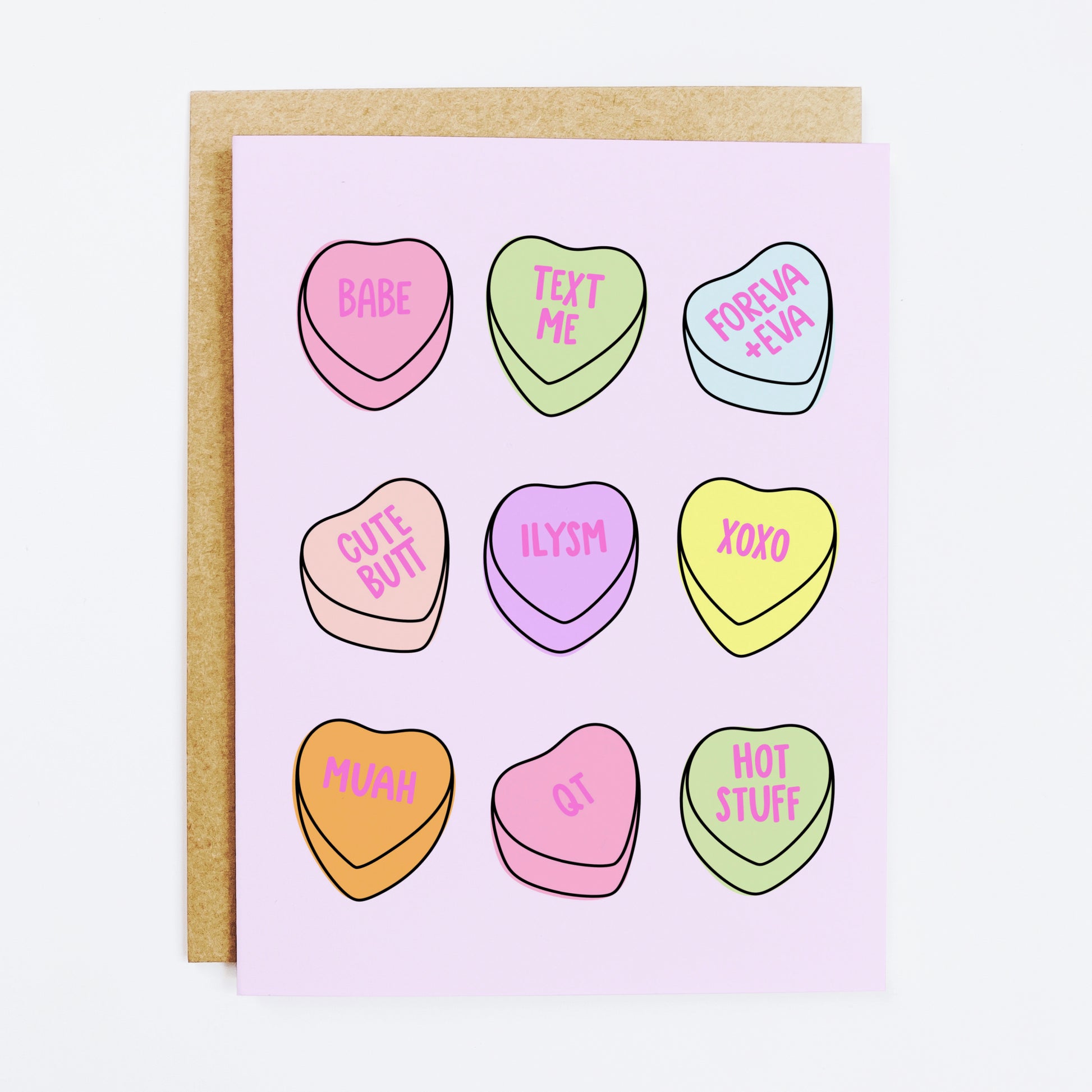 Valentine's card featuring candy heart illustrations with sweet messages